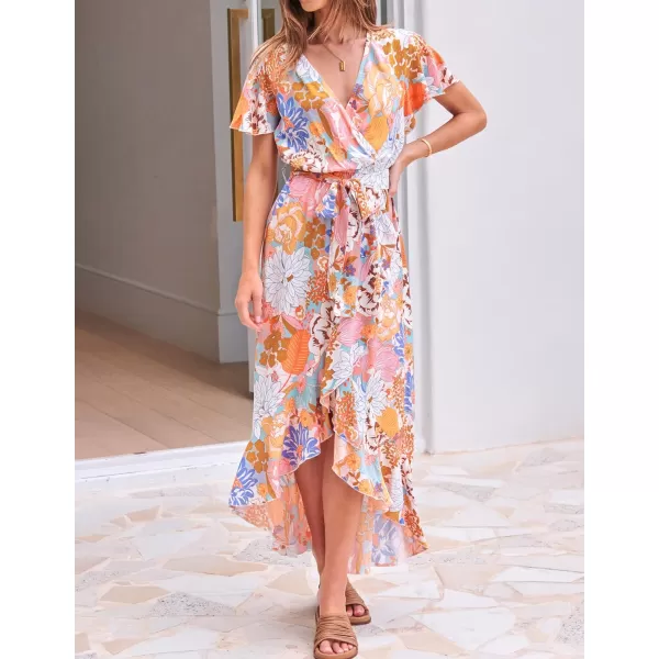imageZESICA Womens Summer Bohemian Floral Printed Wrap V Neck Beach Party Flowy Ruffle Midi DressTangerine