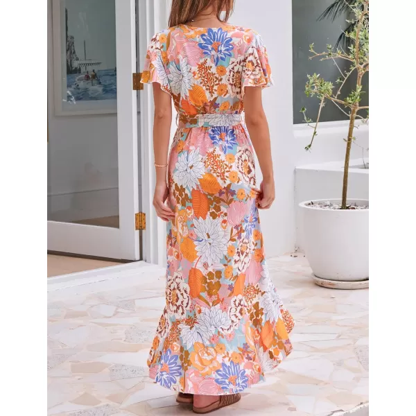 imageZESICA Womens Summer Bohemian Floral Printed Wrap V Neck Beach Party Flowy Ruffle Midi DressTangerine