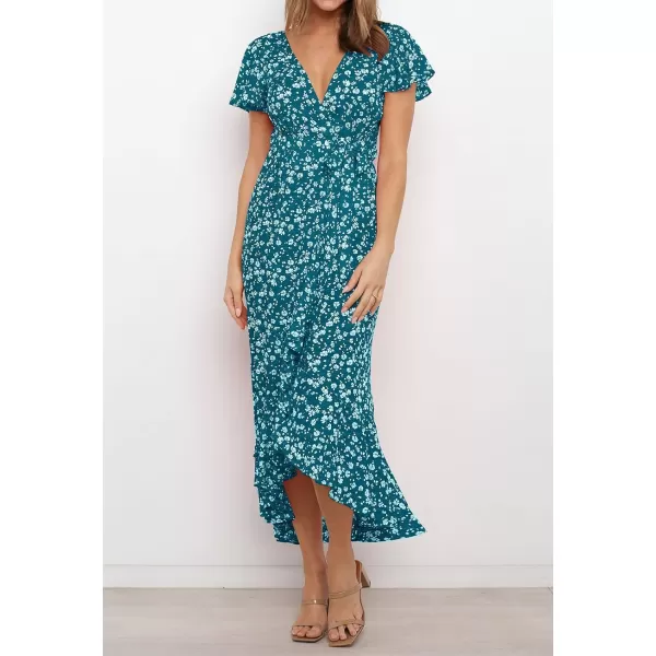 imageZESICA Womens Summer Bohemian Floral Printed Wrap V Neck Beach Party Flowy Ruffle Midi DressTeal