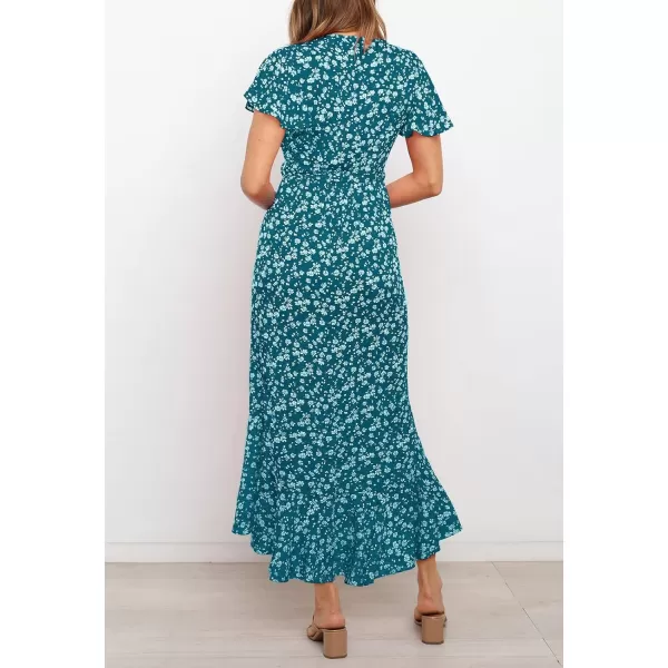 imageZESICA Womens Summer Bohemian Floral Printed Wrap V Neck Beach Party Flowy Ruffle Midi DressTeal