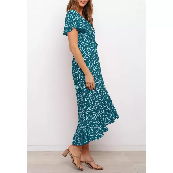 imageZESICA Womens Summer Bohemian Floral Printed Wrap V Neck Beach Party Flowy Ruffle Midi DressTeal