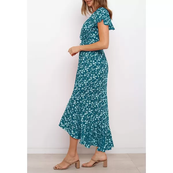 imageZESICA Womens Summer Bohemian Floral Printed Wrap V Neck Beach Party Flowy Ruffle Midi DressTeal