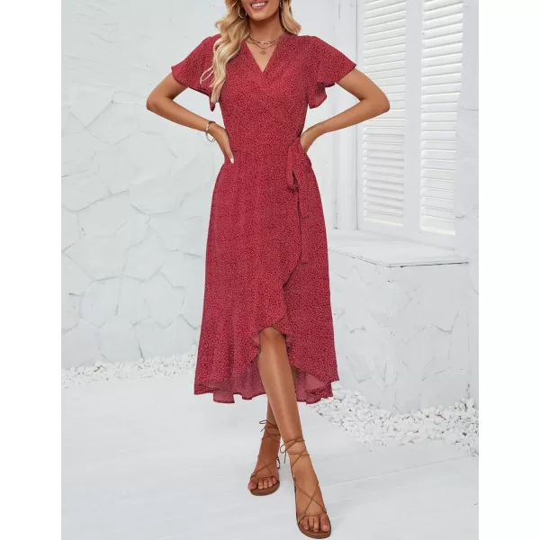 imageZESICA Womens Summer Bohemian Floral Printed Wrap V Neck Beach Party Flowy Ruffle Midi DressVintagered