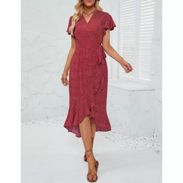 imageZESICA Womens Summer Bohemian Floral Printed Wrap V Neck Beach Party Flowy Ruffle Midi DressVintagered