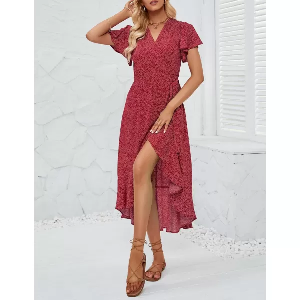imageZESICA Womens Summer Bohemian Floral Printed Wrap V Neck Beach Party Flowy Ruffle Midi DressVintagered
