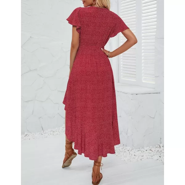 imageZESICA Womens Summer Bohemian Floral Printed Wrap V Neck Beach Party Flowy Ruffle Midi DressVintagered