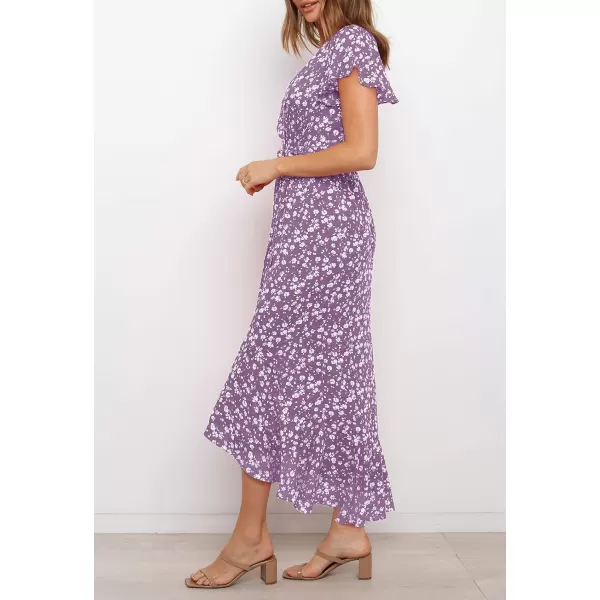 imageZESICA Womens Summer Bohemian Floral Printed Wrap V Neck Beach Party Flowy Ruffle Midi DressViolet