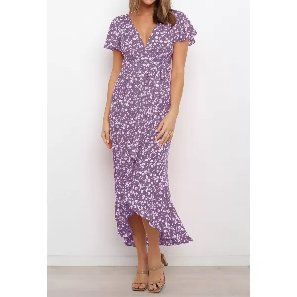 imageZESICA Womens Summer Bohemian Floral Printed Wrap V Neck Beach Party Flowy Ruffle Midi DressViolet