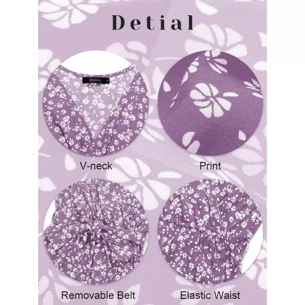 imageZESICA Womens Summer Bohemian Floral Printed Wrap V Neck Beach Party Flowy Ruffle Midi DressViolet