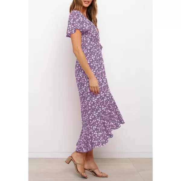 imageZESICA Womens Summer Bohemian Floral Printed Wrap V Neck Beach Party Flowy Ruffle Midi DressViolet
