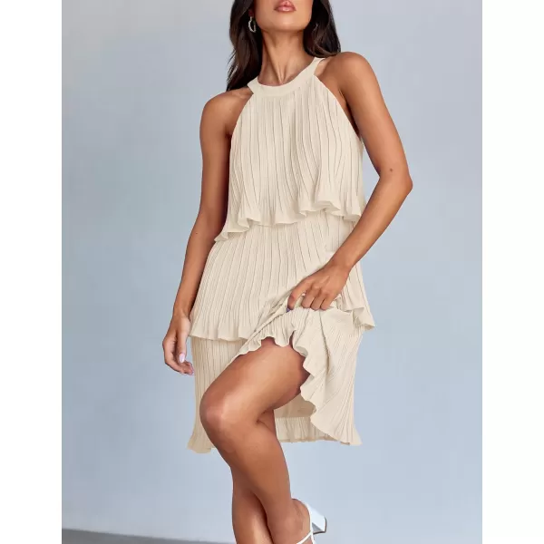 imageZESICA Womens Summer Boho Halter Dresses 2024 Sleeveless Ruffle Tiered Layered Chiffon Pleated A Line Swing Mini DressApricot