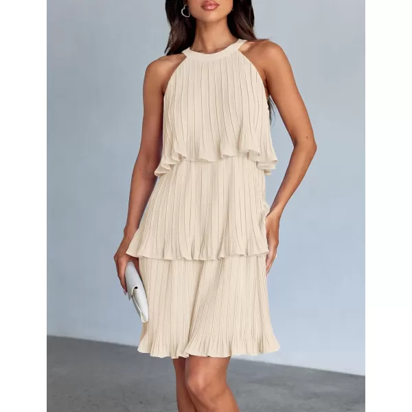 imageZESICA Womens Summer Boho Halter Dresses 2024 Sleeveless Ruffle Tiered Layered Chiffon Pleated A Line Swing Mini DressApricot
