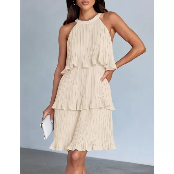 imageZESICA Womens Summer Boho Halter Dresses 2024 Sleeveless Ruffle Tiered Layered Chiffon Pleated A Line Swing Mini DressApricot