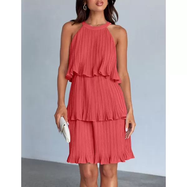 imageZESICA Womens Summer Boho Halter Dresses 2024 Sleeveless Ruffle Tiered Layered Chiffon Pleated A Line Swing Mini DressCoral