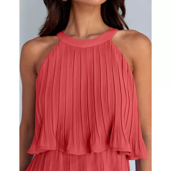 imageZESICA Womens Summer Boho Halter Dresses 2024 Sleeveless Ruffle Tiered Layered Chiffon Pleated A Line Swing Mini DressCoral