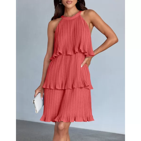 imageZESICA Womens Summer Boho Halter Dresses 2024 Sleeveless Ruffle Tiered Layered Chiffon Pleated A Line Swing Mini DressCoral