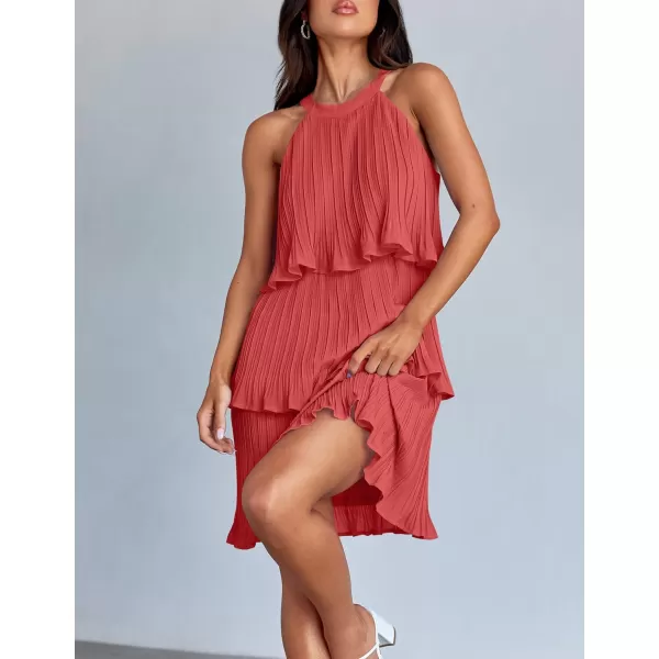 imageZESICA Womens Summer Boho Halter Dresses 2024 Sleeveless Ruffle Tiered Layered Chiffon Pleated A Line Swing Mini DressCoral
