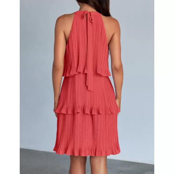 imageZESICA Womens Summer Boho Halter Dresses 2024 Sleeveless Ruffle Tiered Layered Chiffon Pleated A Line Swing Mini DressCoral