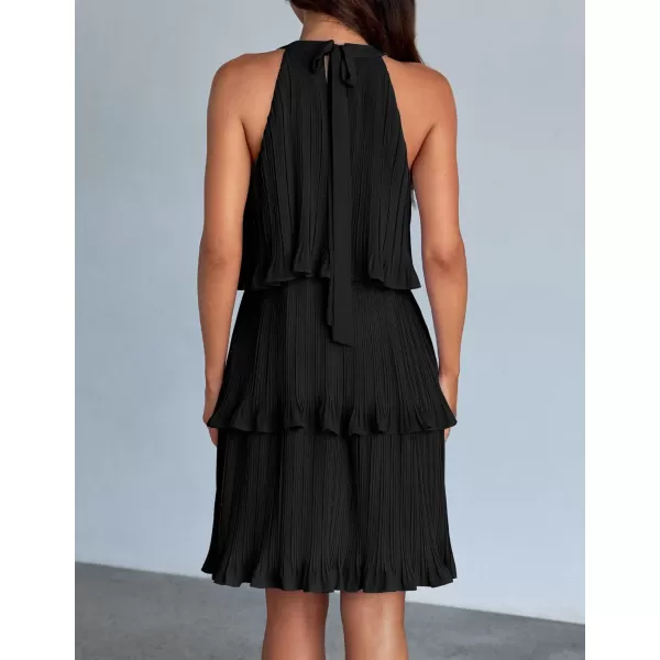 imageZESICA Womens Summer Boho Halter Dresses 2024 Sleeveless Ruffle Tiered Layered Chiffon Pleated A Line Swing Mini DressDark Black