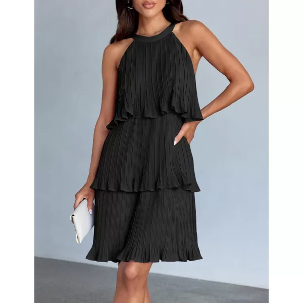 imageZESICA Womens Summer Boho Halter Dresses 2024 Sleeveless Ruffle Tiered Layered Chiffon Pleated A Line Swing Mini DressDark Black