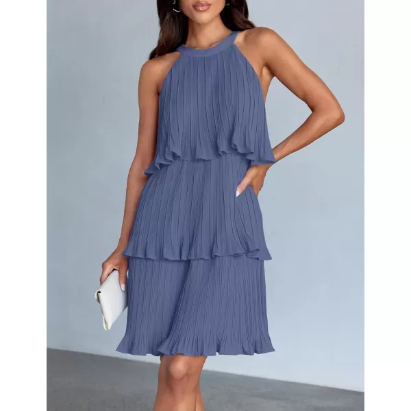 imageZESICA Womens Summer Boho Halter Dresses 2024 Sleeveless Ruffle Tiered Layered Chiffon Pleated A Line Swing Mini DressDusty Blue