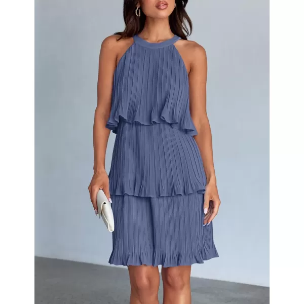 imageZESICA Womens Summer Boho Halter Dresses 2024 Sleeveless Ruffle Tiered Layered Chiffon Pleated A Line Swing Mini DressDusty Blue