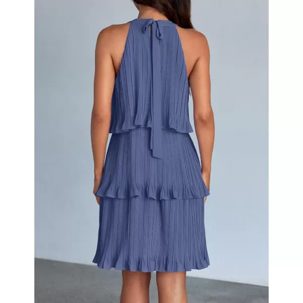 imageZESICA Womens Summer Boho Halter Dresses 2024 Sleeveless Ruffle Tiered Layered Chiffon Pleated A Line Swing Mini DressDusty Blue