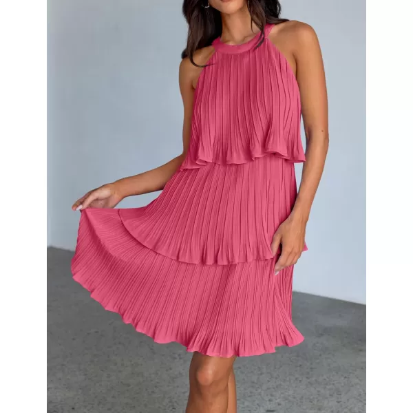 imageZESICA Womens Summer Boho Halter Dresses 2024 Sleeveless Ruffle Tiered Layered Chiffon Pleated A Line Swing Mini DressHot Pink