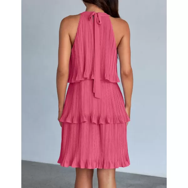 imageZESICA Womens Summer Boho Halter Dresses 2024 Sleeveless Ruffle Tiered Layered Chiffon Pleated A Line Swing Mini DressHot Pink
