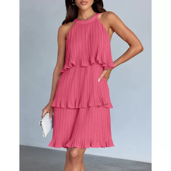 imageZESICA Womens Summer Boho Halter Dresses 2024 Sleeveless Ruffle Tiered Layered Chiffon Pleated A Line Swing Mini DressHot Pink