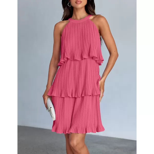 imageZESICA Womens Summer Boho Halter Dresses 2024 Sleeveless Ruffle Tiered Layered Chiffon Pleated A Line Swing Mini DressHot Pink
