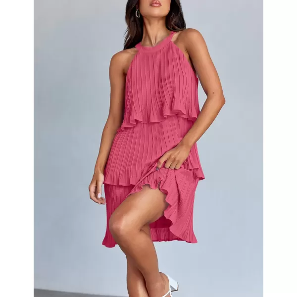 imageZESICA Womens Summer Boho Halter Dresses 2024 Sleeveless Ruffle Tiered Layered Chiffon Pleated A Line Swing Mini DressHot Pink