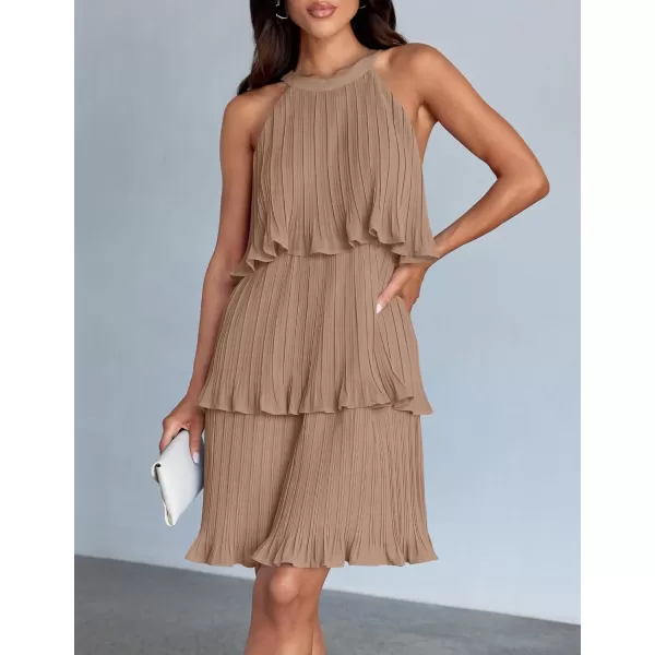 imageZESICA Womens Summer Boho Halter Dresses 2024 Sleeveless Ruffle Tiered Layered Chiffon Pleated A Line Swing Mini DressKhaki