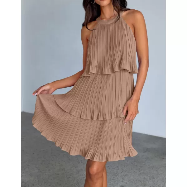 imageZESICA Womens Summer Boho Halter Dresses 2024 Sleeveless Ruffle Tiered Layered Chiffon Pleated A Line Swing Mini DressKhaki