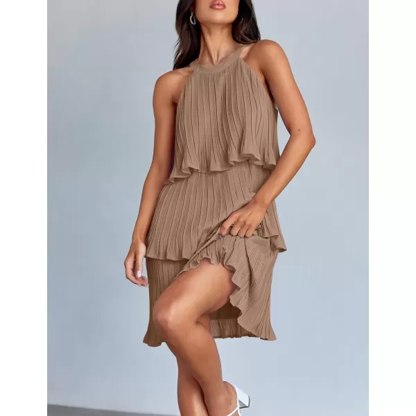 imageZESICA Womens Summer Boho Halter Dresses 2024 Sleeveless Ruffle Tiered Layered Chiffon Pleated A Line Swing Mini DressKhaki