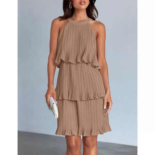 imageZESICA Womens Summer Boho Halter Dresses 2024 Sleeveless Ruffle Tiered Layered Chiffon Pleated A Line Swing Mini DressKhaki
