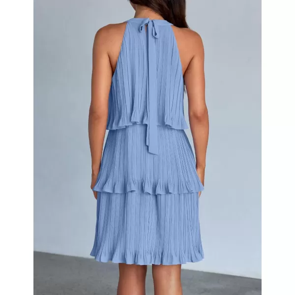 imageZESICA Womens Summer Boho Halter Dresses 2024 Sleeveless Ruffle Tiered Layered Chiffon Pleated A Line Swing Mini DressLight Blue