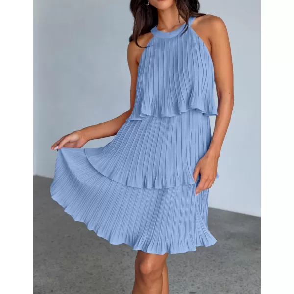 imageZESICA Womens Summer Boho Halter Dresses 2024 Sleeveless Ruffle Tiered Layered Chiffon Pleated A Line Swing Mini DressLight Blue