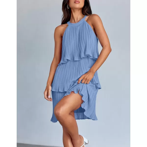 imageZESICA Womens Summer Boho Halter Dresses 2024 Sleeveless Ruffle Tiered Layered Chiffon Pleated A Line Swing Mini DressLight Blue