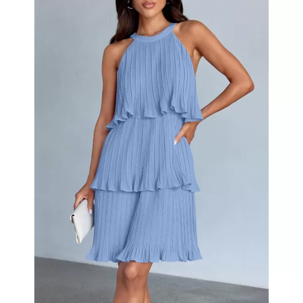 imageZESICA Womens Summer Boho Halter Dresses 2024 Sleeveless Ruffle Tiered Layered Chiffon Pleated A Line Swing Mini DressLight Blue