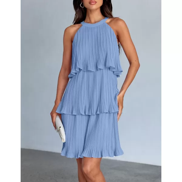 imageZESICA Womens Summer Boho Halter Dresses 2024 Sleeveless Ruffle Tiered Layered Chiffon Pleated A Line Swing Mini DressLight Blue