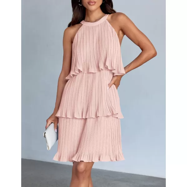 imageZESICA Womens Summer Boho Halter Dresses 2024 Sleeveless Ruffle Tiered Layered Chiffon Pleated A Line Swing Mini DressPink