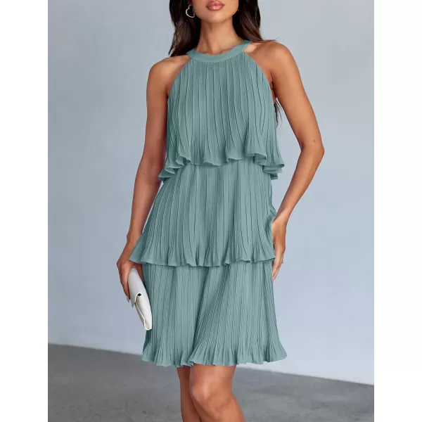 imageZESICA Womens Summer Boho Halter Dresses 2024 Sleeveless Ruffle Tiered Layered Chiffon Pleated A Line Swing Mini DressSage