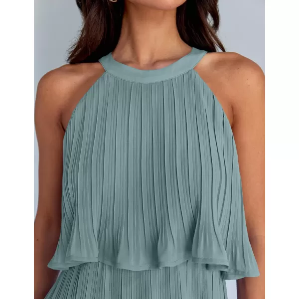 imageZESICA Womens Summer Boho Halter Dresses 2024 Sleeveless Ruffle Tiered Layered Chiffon Pleated A Line Swing Mini DressSage