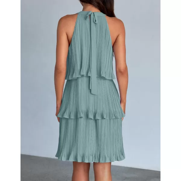 imageZESICA Womens Summer Boho Halter Dresses 2024 Sleeveless Ruffle Tiered Layered Chiffon Pleated A Line Swing Mini DressSage