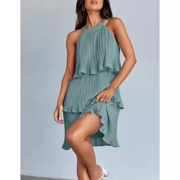 imageZESICA Womens Summer Boho Halter Dresses 2024 Sleeveless Ruffle Tiered Layered Chiffon Pleated A Line Swing Mini DressSage