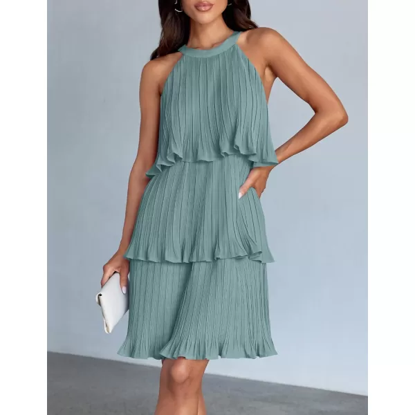 imageZESICA Womens Summer Boho Halter Dresses 2024 Sleeveless Ruffle Tiered Layered Chiffon Pleated A Line Swing Mini DressSage
