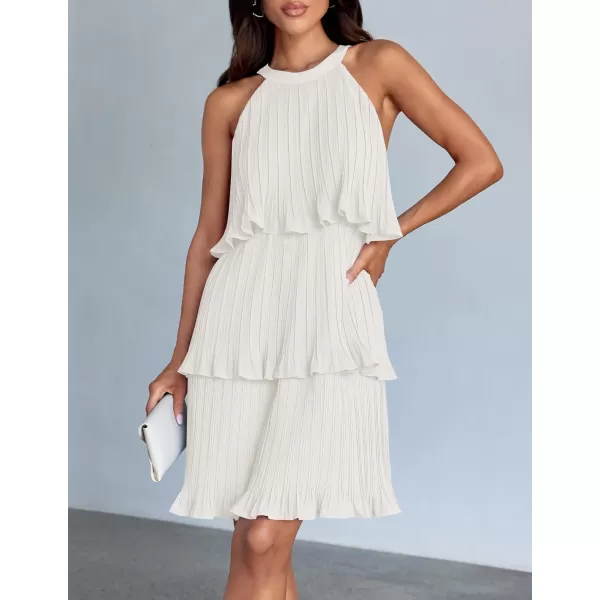 imageZESICA Womens Summer Boho Halter Dresses 2024 Sleeveless Ruffle Tiered Layered Chiffon Pleated A Line Swing Mini DressWhite