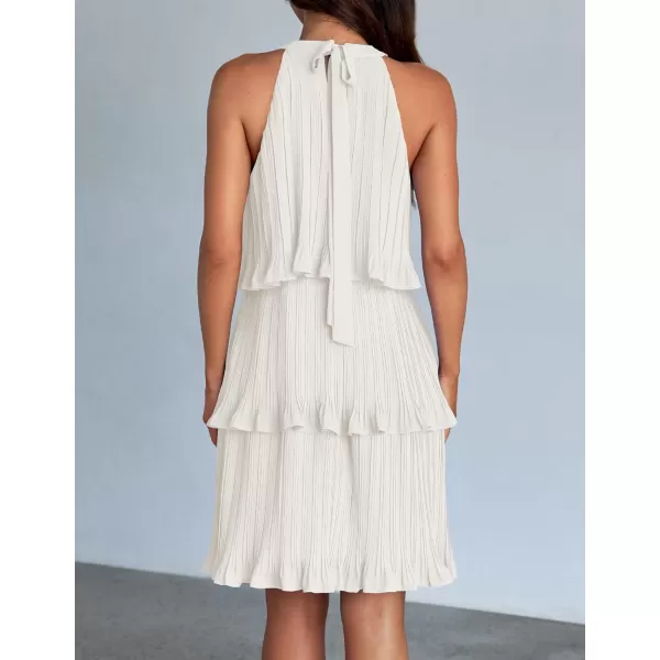 imageZESICA Womens Summer Boho Halter Dresses 2024 Sleeveless Ruffle Tiered Layered Chiffon Pleated A Line Swing Mini DressWhite
