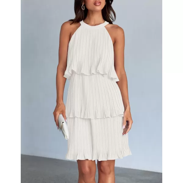 imageZESICA Womens Summer Boho Halter Dresses 2024 Sleeveless Ruffle Tiered Layered Chiffon Pleated A Line Swing Mini DressWhite